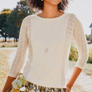 Garnet Hill Pointelle Sleeve Boatneck Linen Organic Cotton Cream Sweater Medium